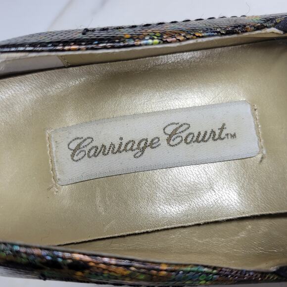 VTG Carriage Court Coco Heels Womens 7.5 Wide Black Reptile Leather Square Toe - Picture 4 of 15